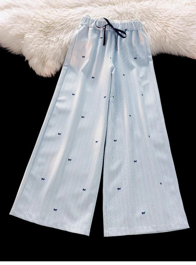 Zoki Sweet Bow Striped Pants Women High Waist Korean Casual Wide Leg Trousers Elegant Fashion Loose Cute Female Spring Pants New