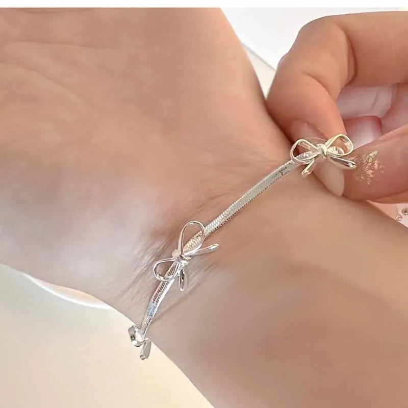 New 925 Sterling Silver Bow Bracelet Simple Personality Charm Geometric Shape Bracelet Birthday Gift Women's Exquisite Jewelry