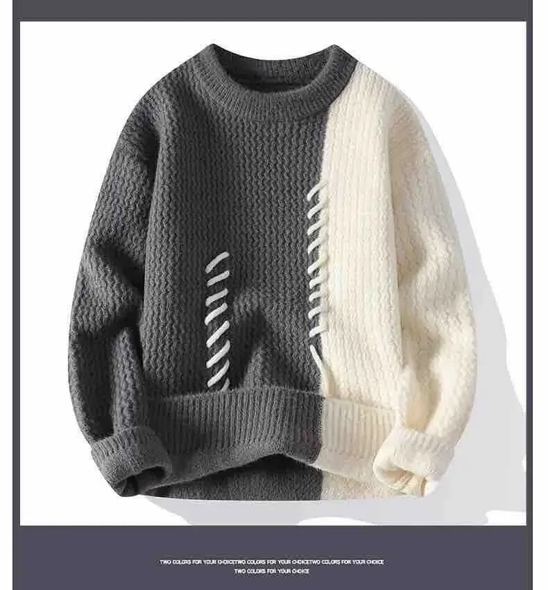 Autumn Winter Men Sweater O-Neck Patchwork Contrast Color Korean Trend Fashion Thicken Warm Pullovers Long Sleeve Knitted Tops