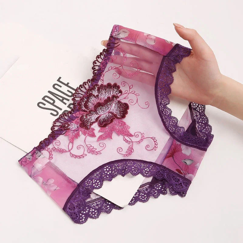 Sexy Embroidery Women Panties Lace Edge Mesh Transparent Briefs Floral Low Waist Seamless Underwear Female Underpants