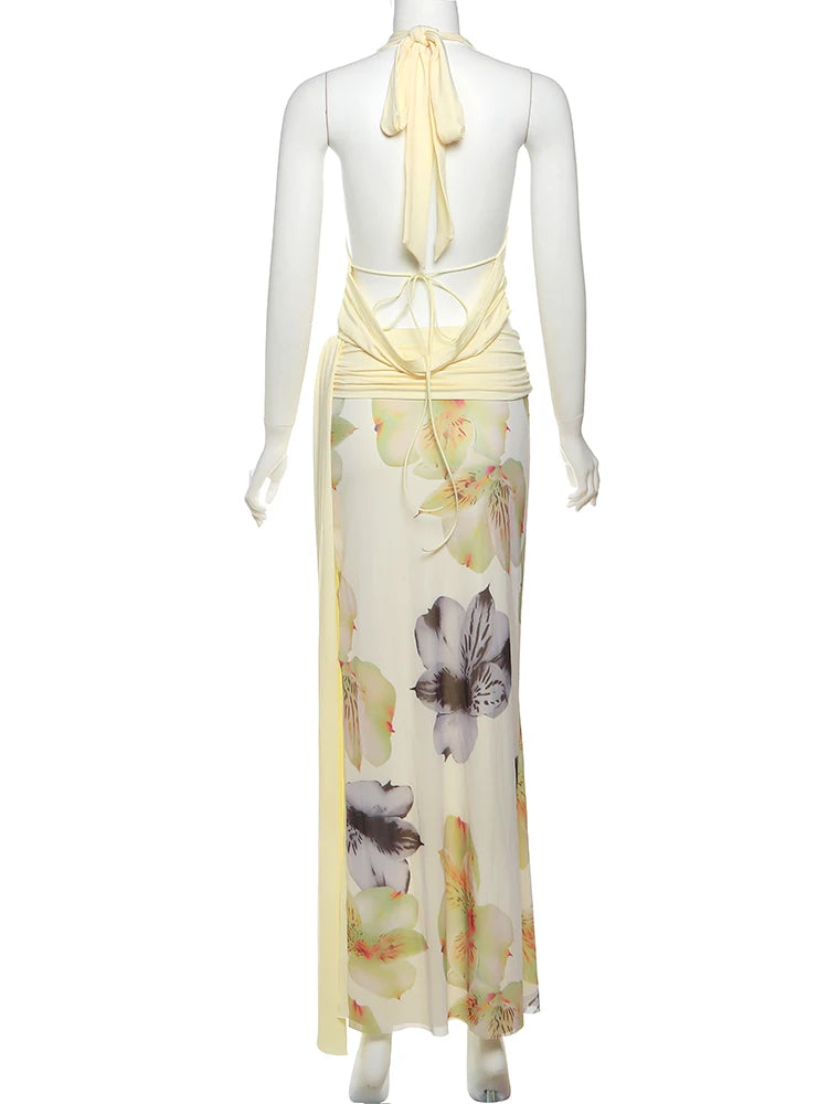 Nibber Temperament Frauen 3-teiliges Set Stapel-Trend Neckholder-Tops + geteilte Quasten-Hose + Blumen-Netzröcke Passende Urlaubskleidung