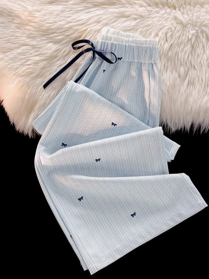 Zoki Sweet Bow Striped Pants Women High Waist Korean Casual Wide Leg Trousers Elegant Fashion Loose Cute Female Spring Pants New