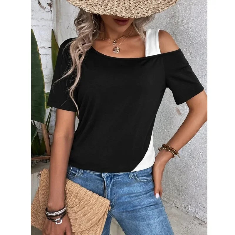 Casual Sommer-Top T-Shirt Damen Chic Color-Blocking Off-Shoulder T-Shirt Kurzarm und asymmetrische Tops