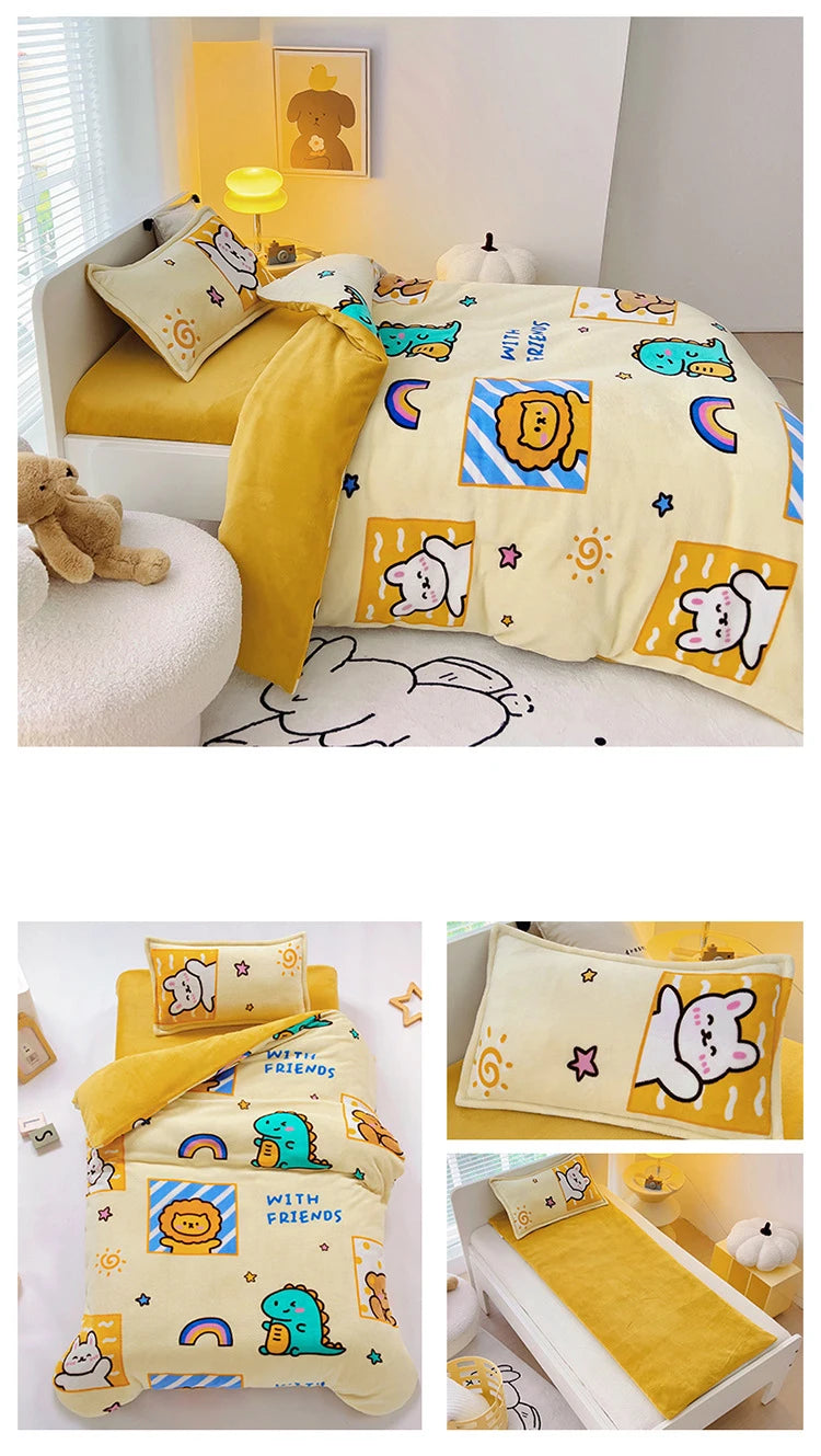 Baby Cartoon Print Bedding Set Duvet Covers Pillowcases Set Autumn Winter Warm Suede Bedclothes Bed Linen CP29