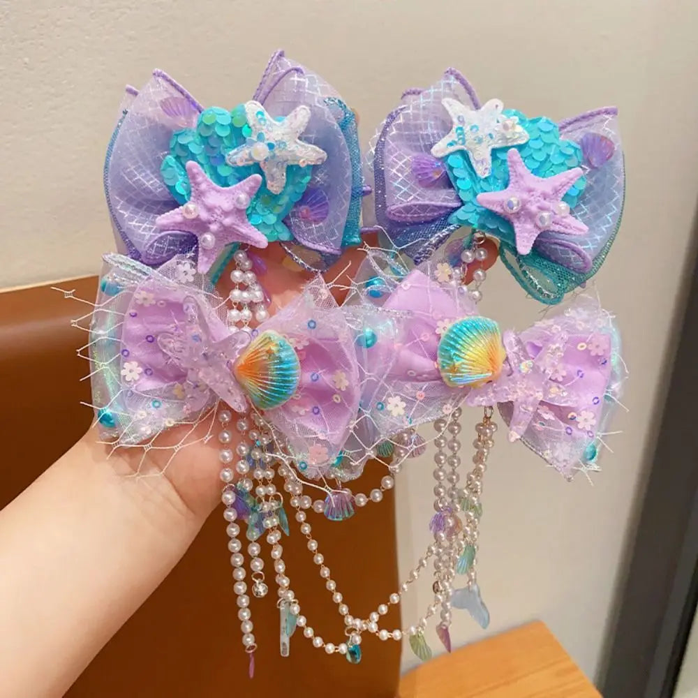 Cute Children Mermaid Pearl Hair Clip Princess Tassel Forehead Chain Tassel Bow Accessories