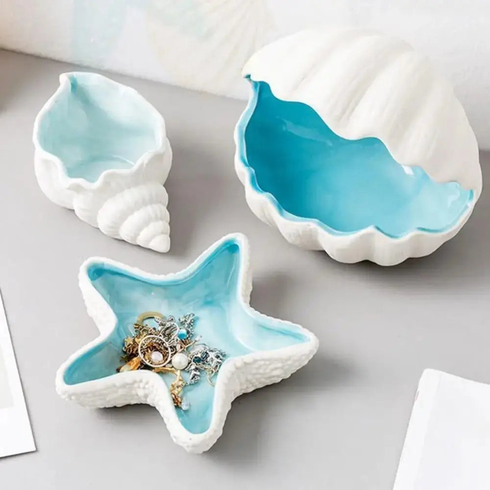 1 Pc Ceramic Starfish Shell Storage Tray Jewelry Display Tray Conch Storage Plate Earrings Ring Box Crafts Decoration