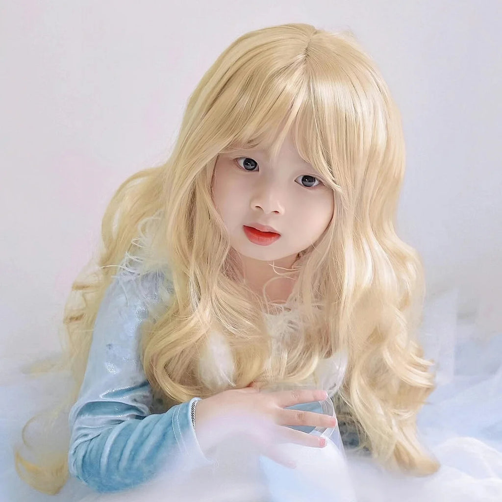 Kids Blonde Wigs Children Long Hair Accessories Baby Golden Headgear Little Girl Party Cosplay Headdress Student Tiara Coronet