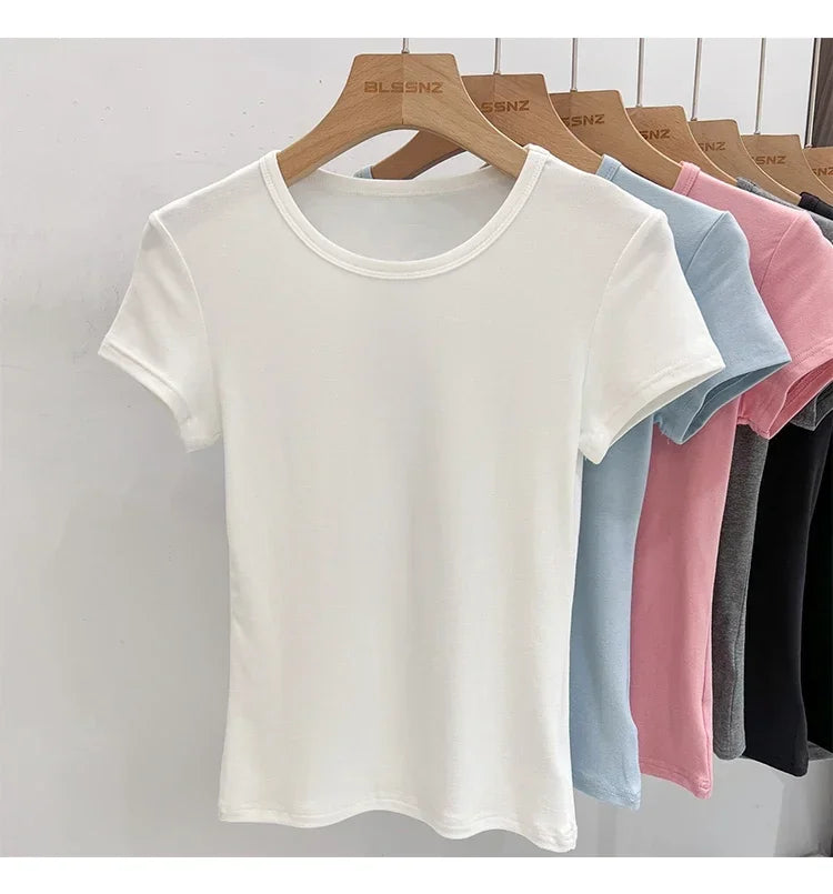 AOSSVIAO 2026 Summer White Cotton O Neck T-shirt Student Short Sleeve Versatile Tops Solid Slim Fit T Shirts Y2k Tee