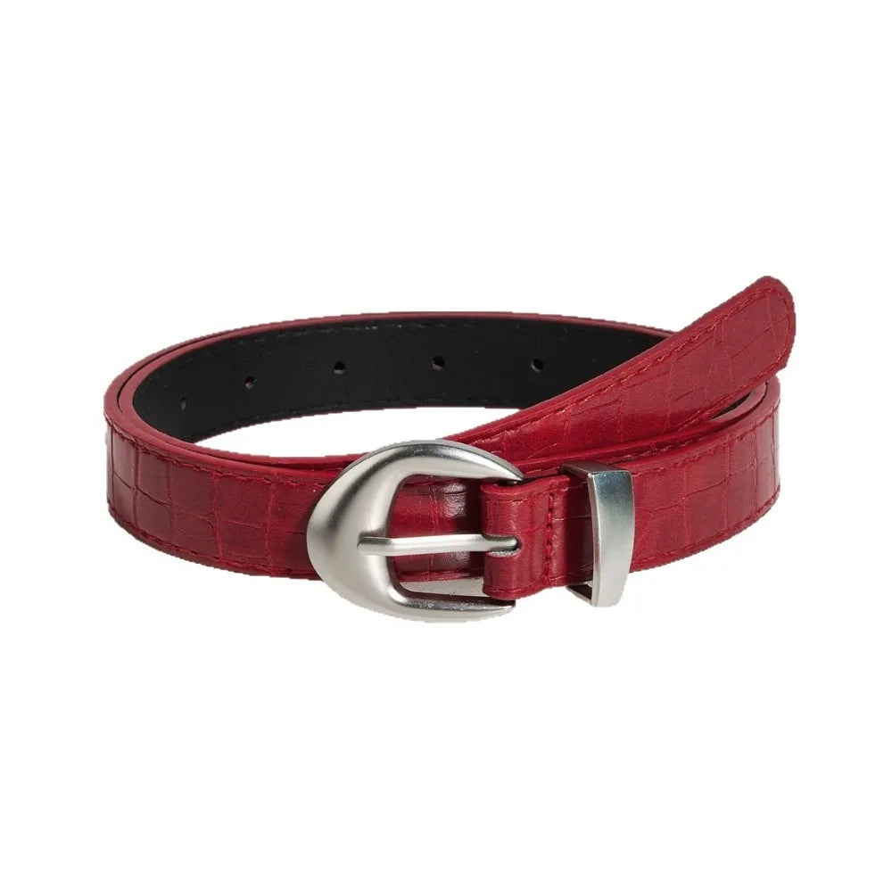 Ins Style Crocodile Pattern Women's Belt PU Leather Korean Thin Waist Belt Niche Black Red Dress Jeans Belt For Girls
