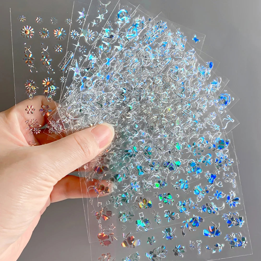 12 pegatinas 3D láser de plata con forma de estrella, corazón, líneas geométricas para uñas, pentagrama, luna, serpiente, flor, autoadhesivas para manicura