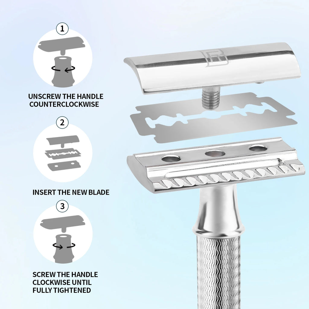 BAILI Double Edge Safety Razor Stainless Steel Wet Shave for Men Women Barber with 5 Platinum Blades Poseidon BRB1-SI