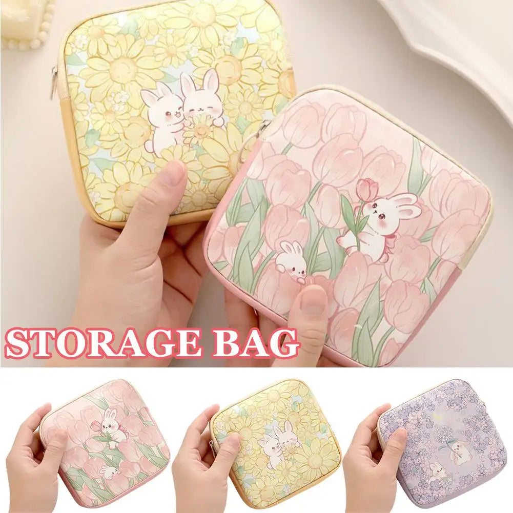Cute Rabbit Floral Storage Bag, Mini Sanitary Napkin Organizer,Portable Cosmetic Pouch for Women,Data Cables Coin Purse Bag