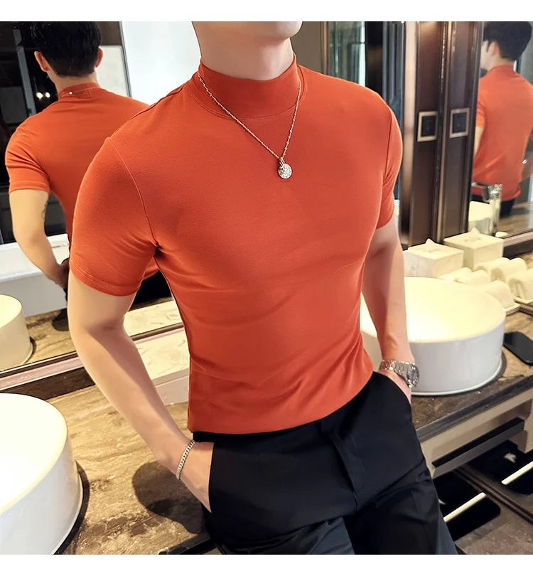 Spring Summer Men's Half High Neck Short Sleeve T-shirt Korean Slim Fit Solid Color Bottom Shirt Casual Cotton Elastic T-shirts