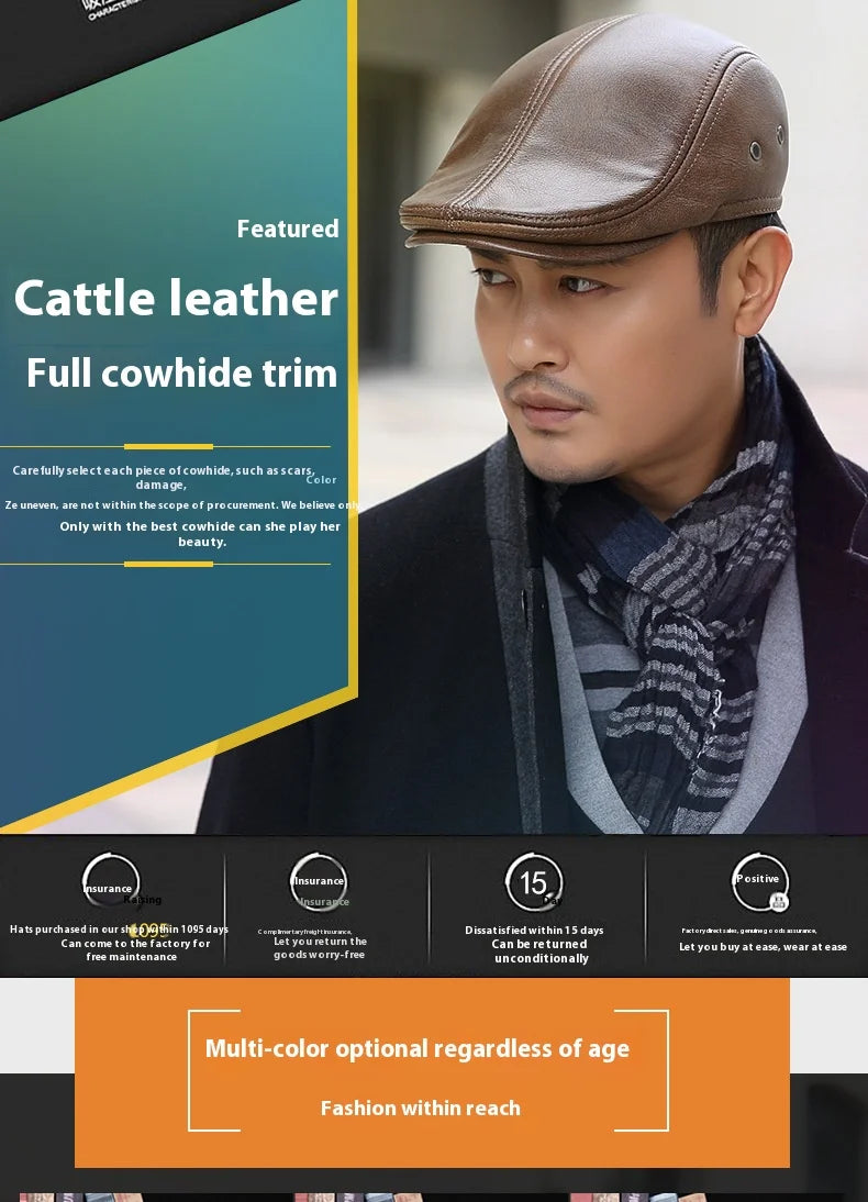 2025 Genuine Leather Beret Hat for Men Warm Windproof Winter Cap Fashion Gentleman Peaked Cap Vintage Stylish Driver Hat Gift