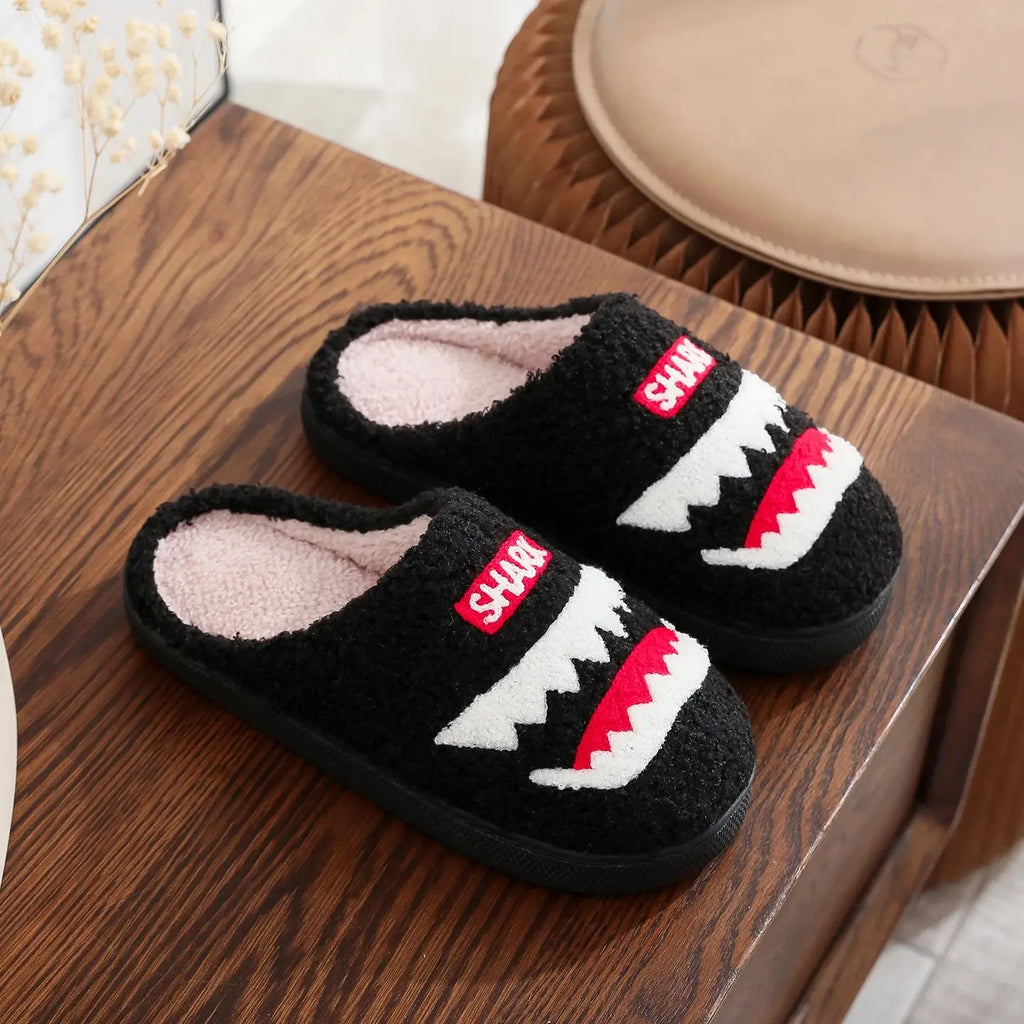 Shark Pattern Embroidery stuffed Home Platform Cozy Fur Slippers Black Warm Non-slip Indoor Slippers Couple Men Women Wearable casual Slippers