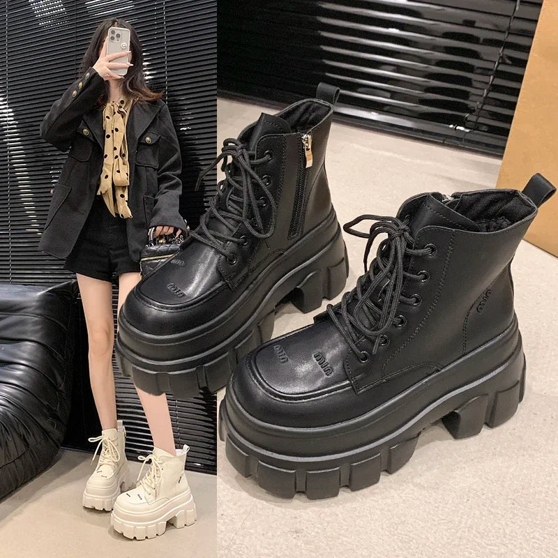 9CM Autumn High Platform Leather Boots Wedge Heels Ankle Boots Winter Women Lace-up Warm Shoes Motorcycle Chunky Sneakers Woman