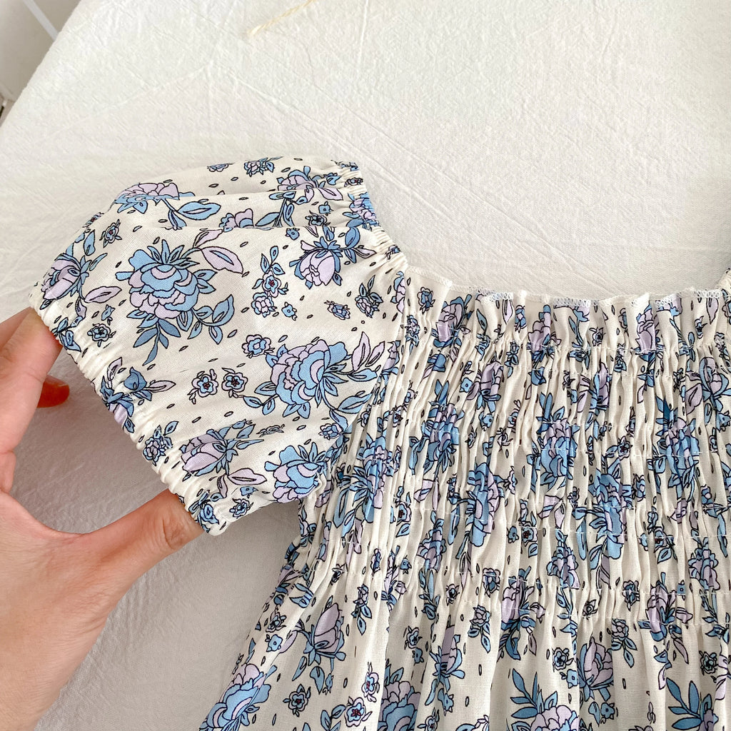 Toddler Girls Floral Princess Dress Little Girl Cotton Short Sleeve Blue Flowers Party Dress Summer Casual Dresses Kids Clothes