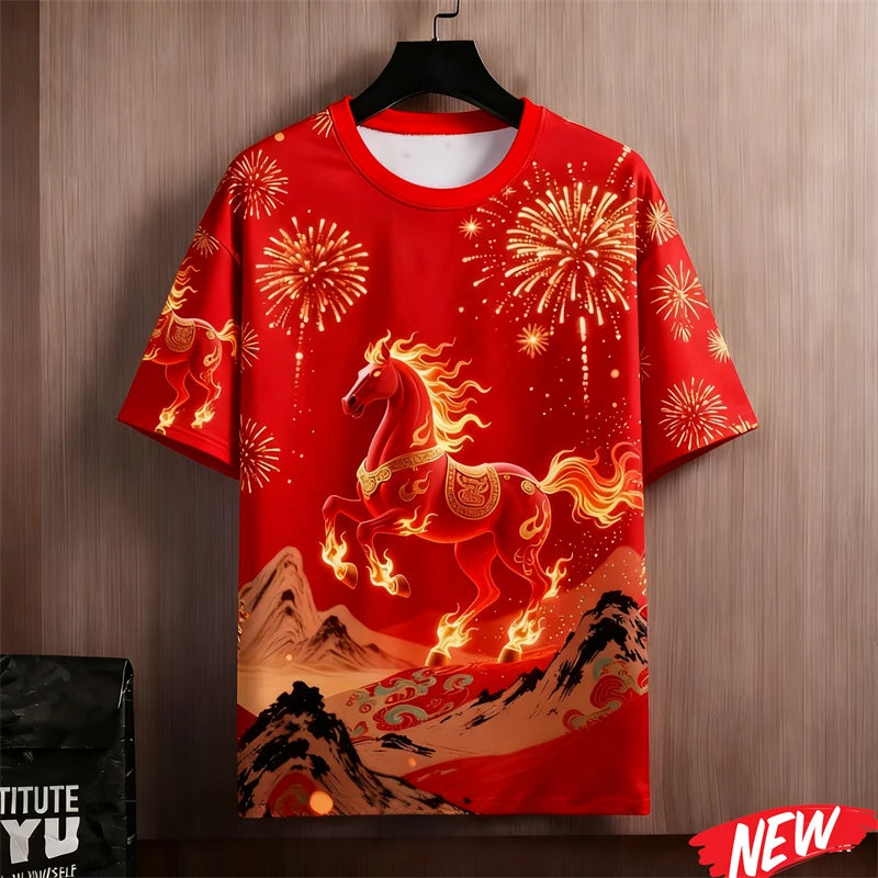 Red Color 2026 New Year T-Shirt Men Clothes Horse Graphic Happy New Year T Shirt Tops Festive Crew Neck Short Sleeve Tee Shirts