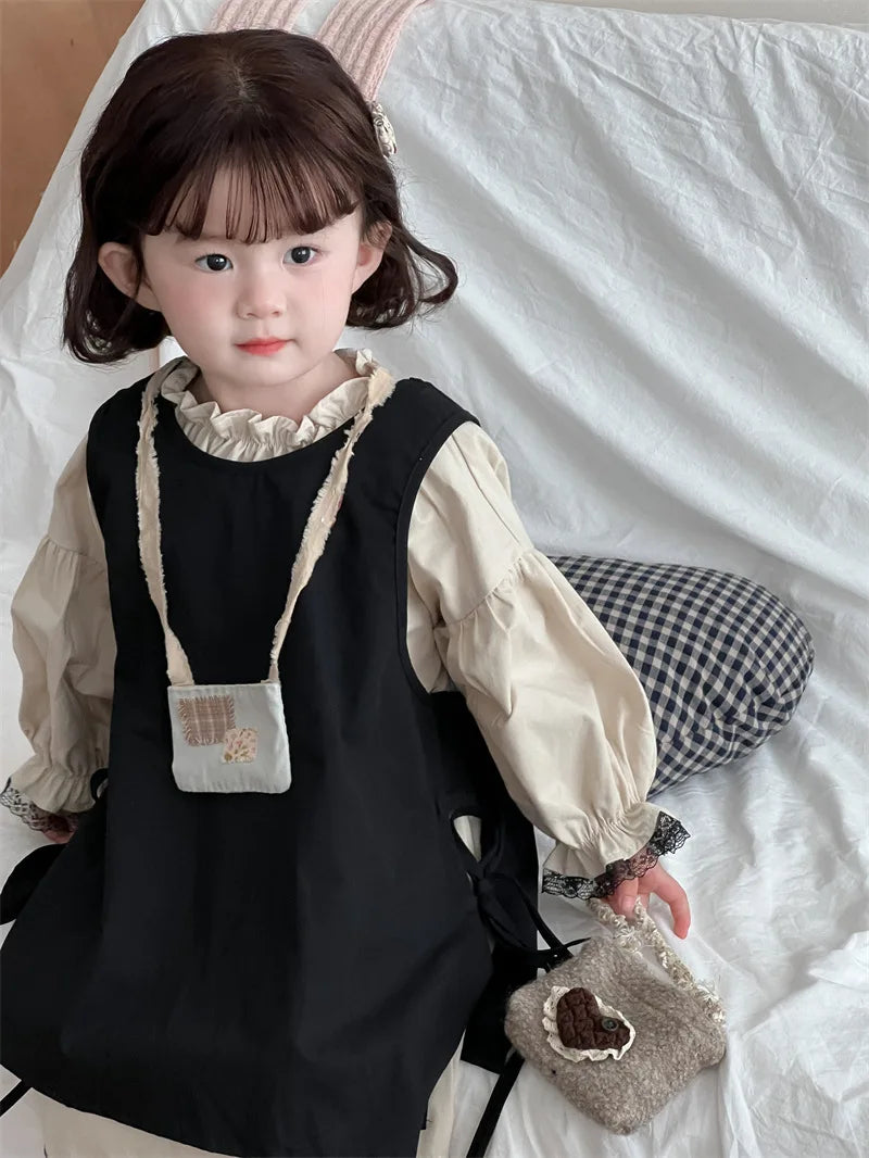 4768 Children Dress Set Spring Autumn New Retro Girl's Dress Lace Skirt 2-piece Set