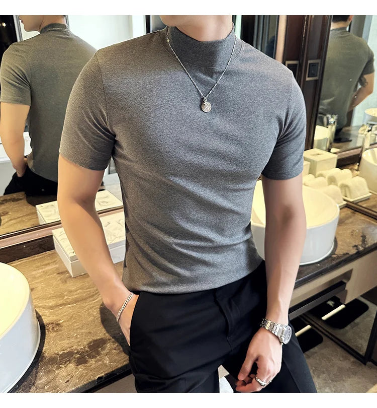 Spring Summer Men's Half High Neck Short Sleeve T-shirt Korean Slim Fit Solid Color Bottom Shirt Casual Cotton Elastic T-shirts