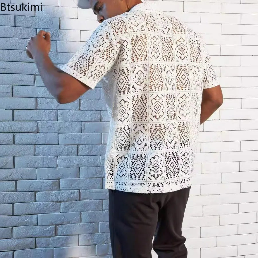 Summer Fashion Men's Lace Hollow Out Shirts Solid Breathable Casual Short-sleeved Cardigan Sexy See Through Mesh Blouse for Male