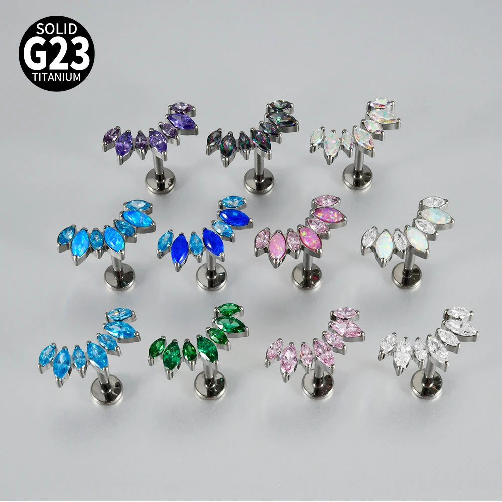 1PC G23 Titanium 7 Marquis Zircon Labret Lip Ring Internal Thread Opal Ear Cartilage Tragus Helix Daith Body Jewelry
