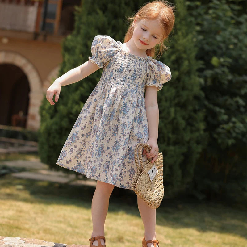 Toddler Girls Floral Princess Dress Little Girl Cotton Short Sleeve Blue Flowers Party Dress Summer Casual Dresses Kids Clothes