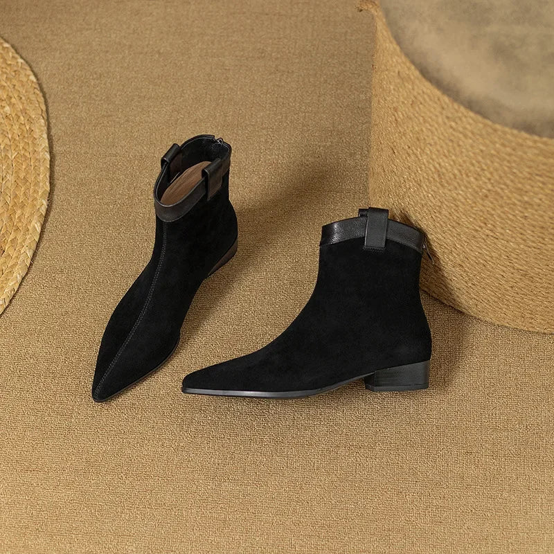 Women's Vintage Chunky Heel Ankle Boots Autumn Winter New Pointy Square Head Suede Back Zipper Soft Sole Non-slip Short Boots