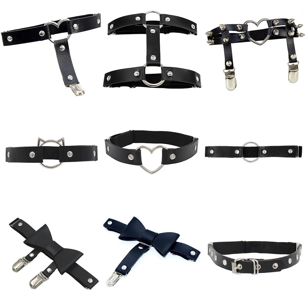 New 80s Punk Goth Round Bow Heart PU Leather Elastic Leg Chain Rings Body Jewelry On The Legs Elastic Body Suspender Jewelry