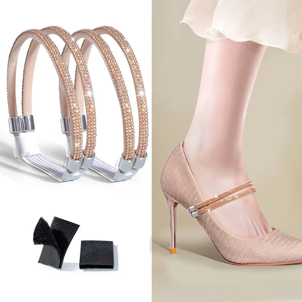 2pcs Anti-skid High Heels Shoes Band Women Rhinestone Shoelaces Triangle Bundle Anti-drop Straps Belt Drill Elastic Fixing Belts