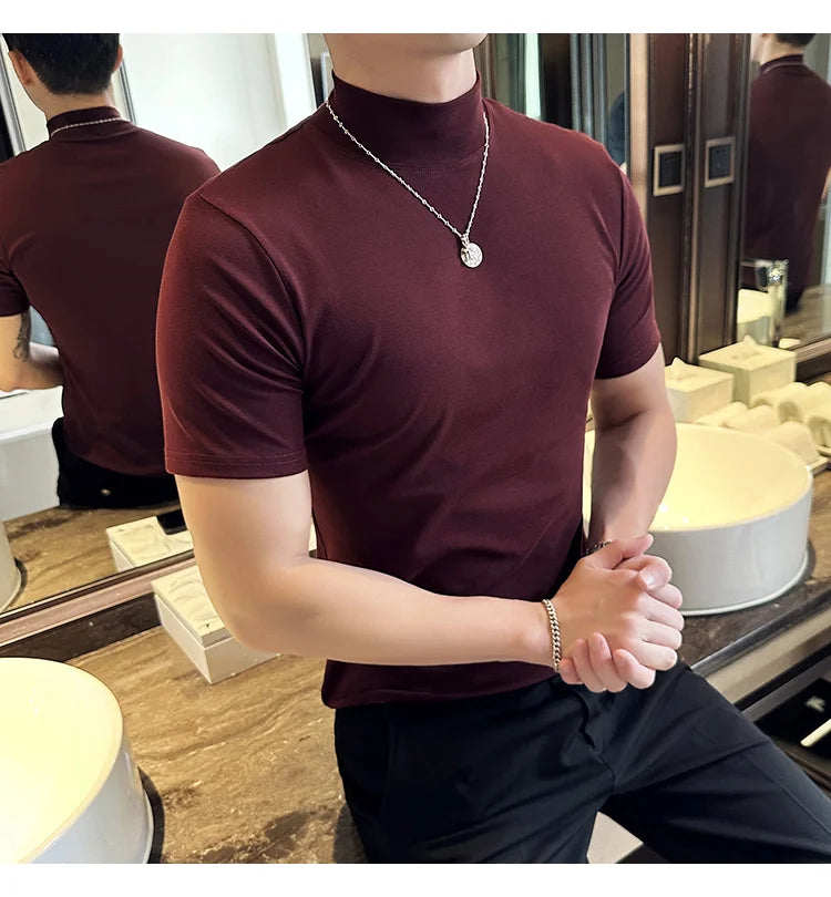 Spring Summer Men's Half High Neck Short Sleeve T-shirt Korean Slim Fit Solid Color Bottom Shirt Casual Cotton Elastic T-shirts