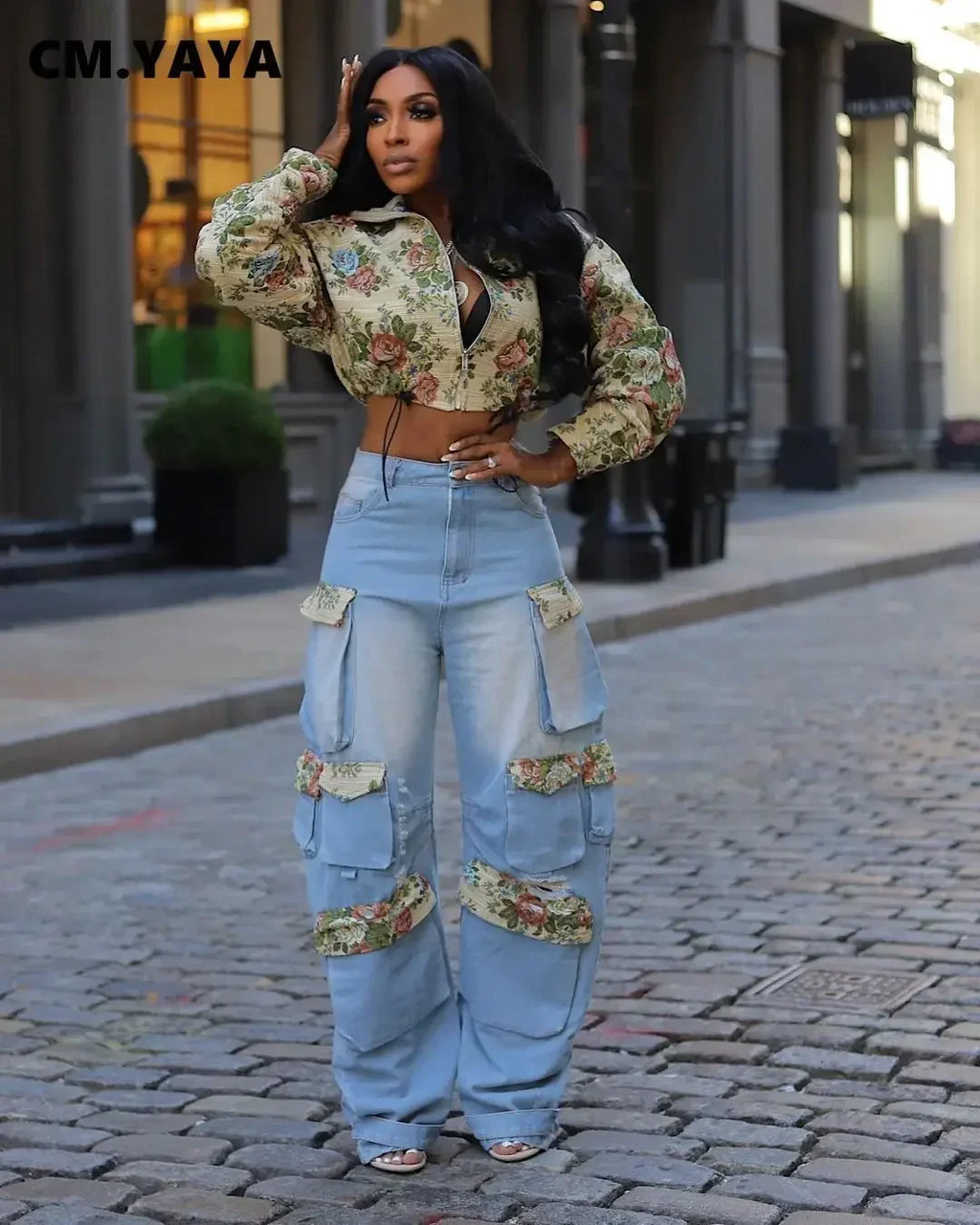CM.YAYA Washed Denim Women's Set Full Sleeve Floral Jacket and Pockets Cargo Jeans Pants Suit 2024 Street Two 2 Piece Set Outfit
