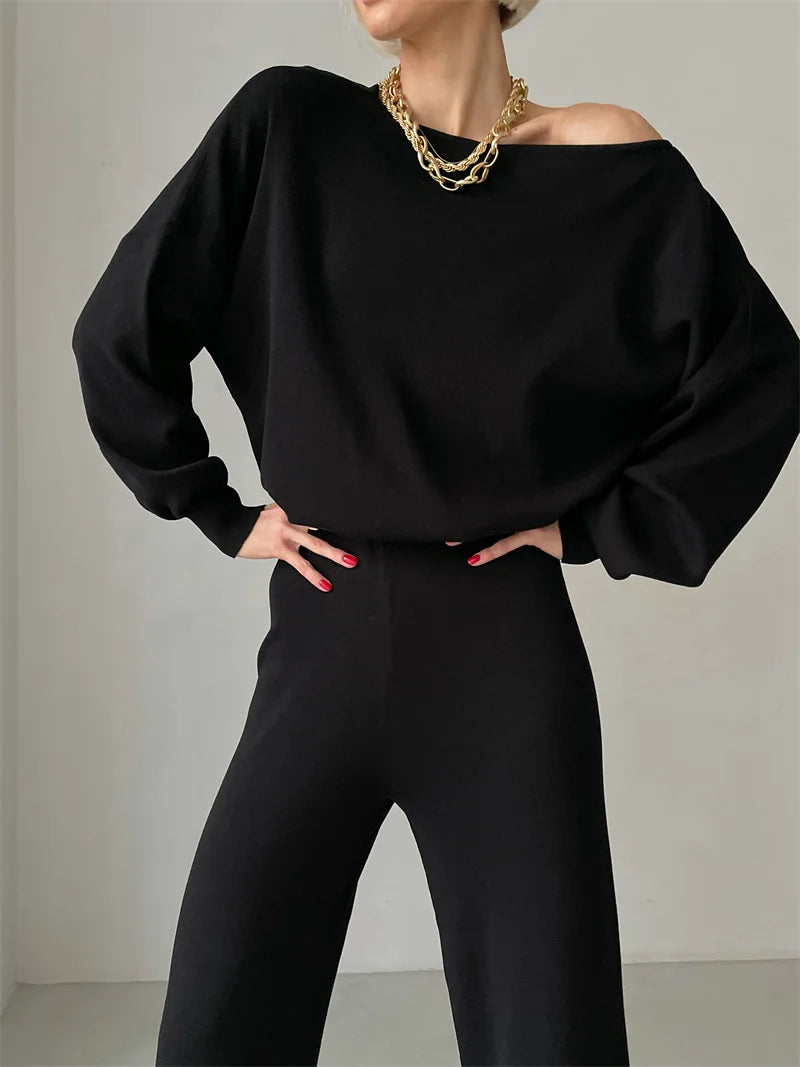 Elegant Winter Knit Pants Set Woman Sexy Loungewear 2 Piece Sweater Matching Sets Women Casual Knitted Two Piece Sets Women 2024