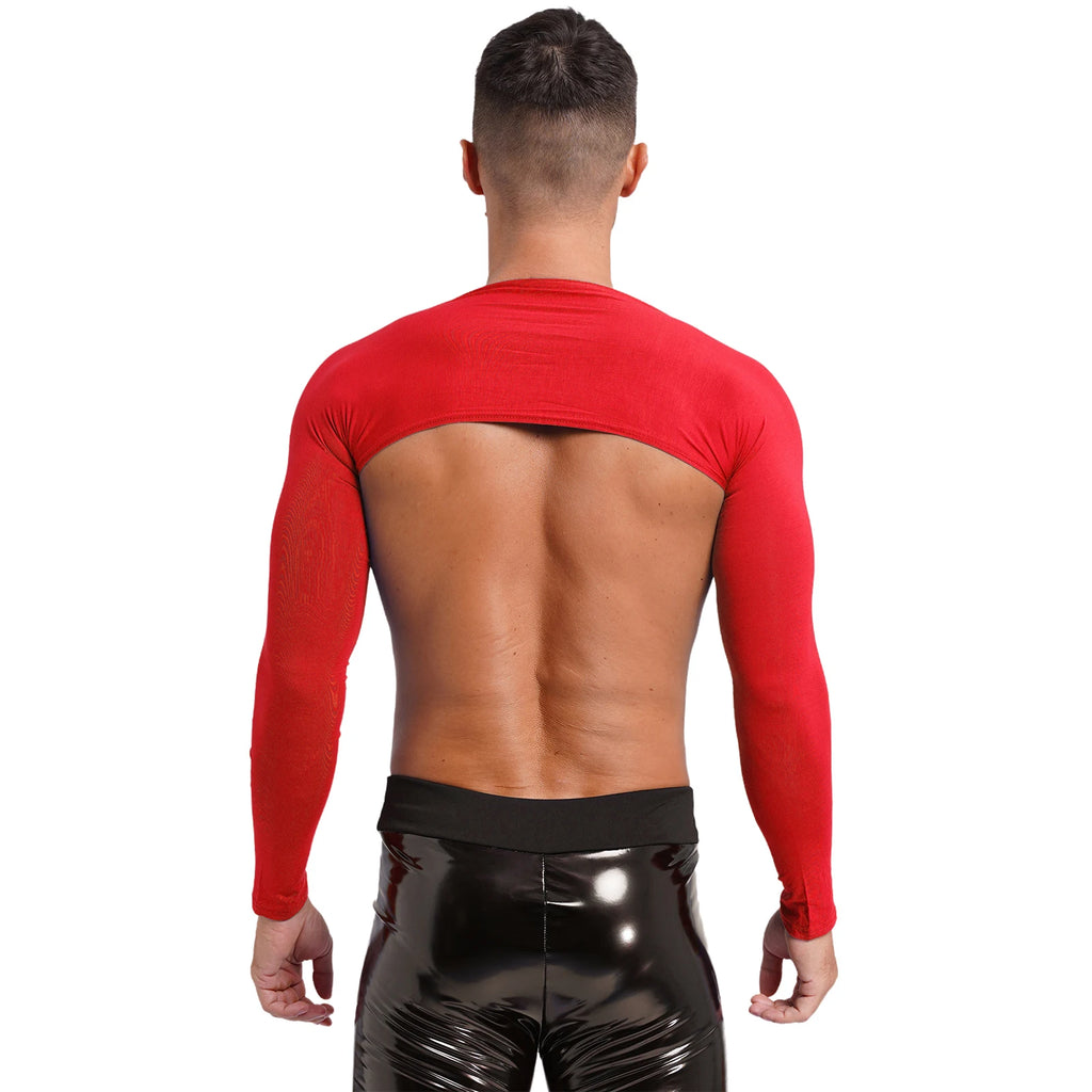 Men Open Front Half Crop Top Solid Long Sleeve Cardigan Bolero Shrug Tops Muscle Arm Sleeves Workout Sports Gym Tops Clubwear