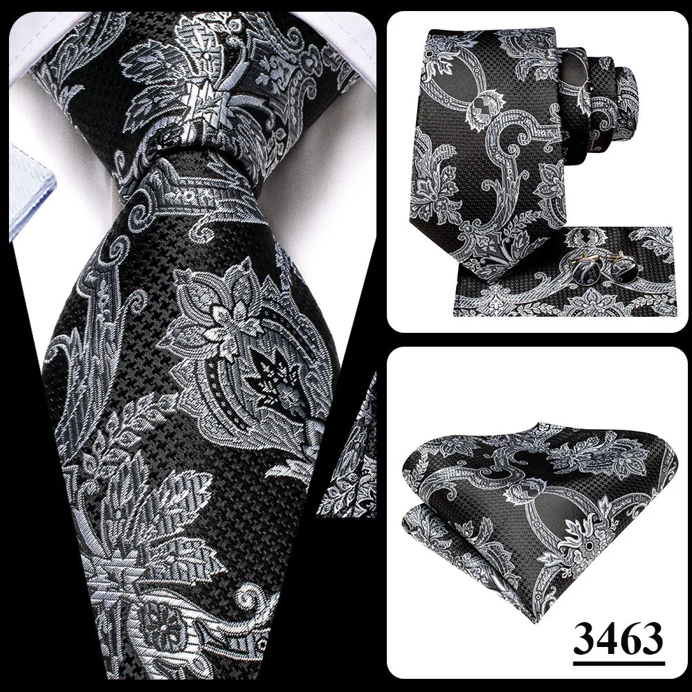 Hi-Tie White Grey Paisley 2026 New Mens Tie Hanky Cufflink Set Necktie For Men Wedding Party Business Men Tie Fashion Brand