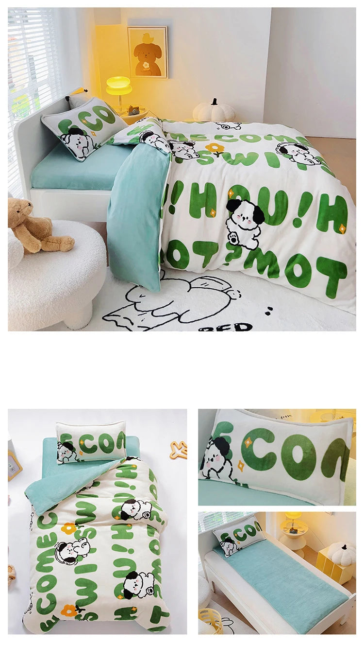 Baby Cartoon Print Bedding Set Duvet Covers Pillowcases Set Autumn Winter Warm Suede Bedclothes Bed Linen CP29
