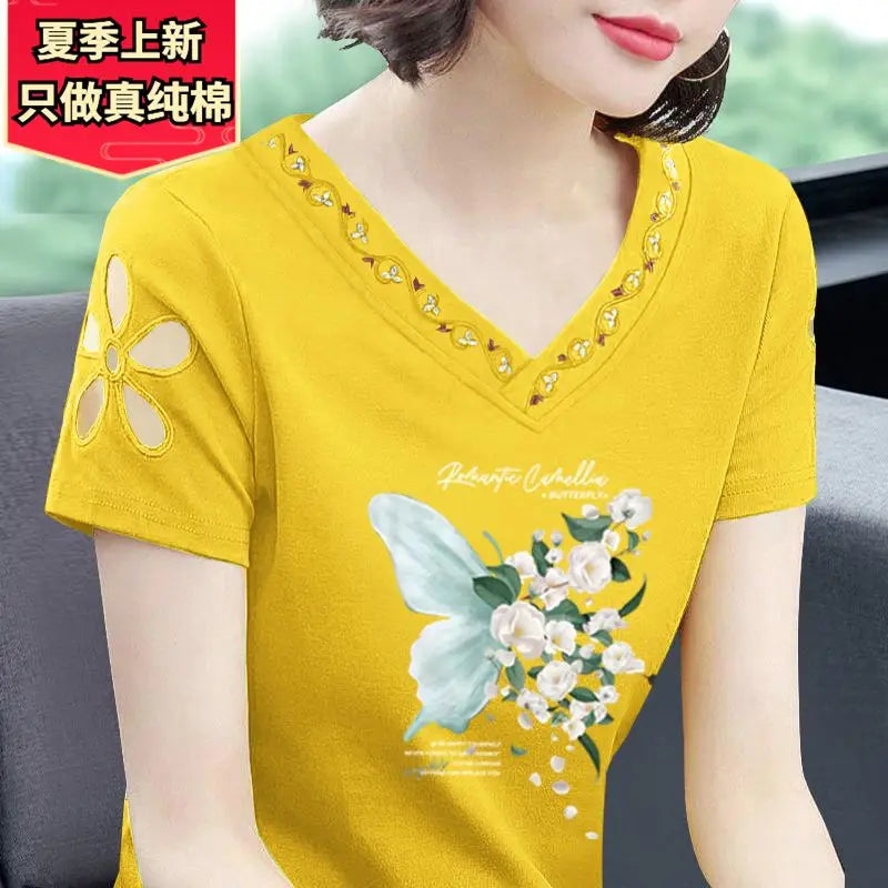 Simplicity Office Lady Summer New Pure Cotton Women's Solid V-Neck Embroidered Fashion Casual Loose Short Sleeve T-Shirts Tops