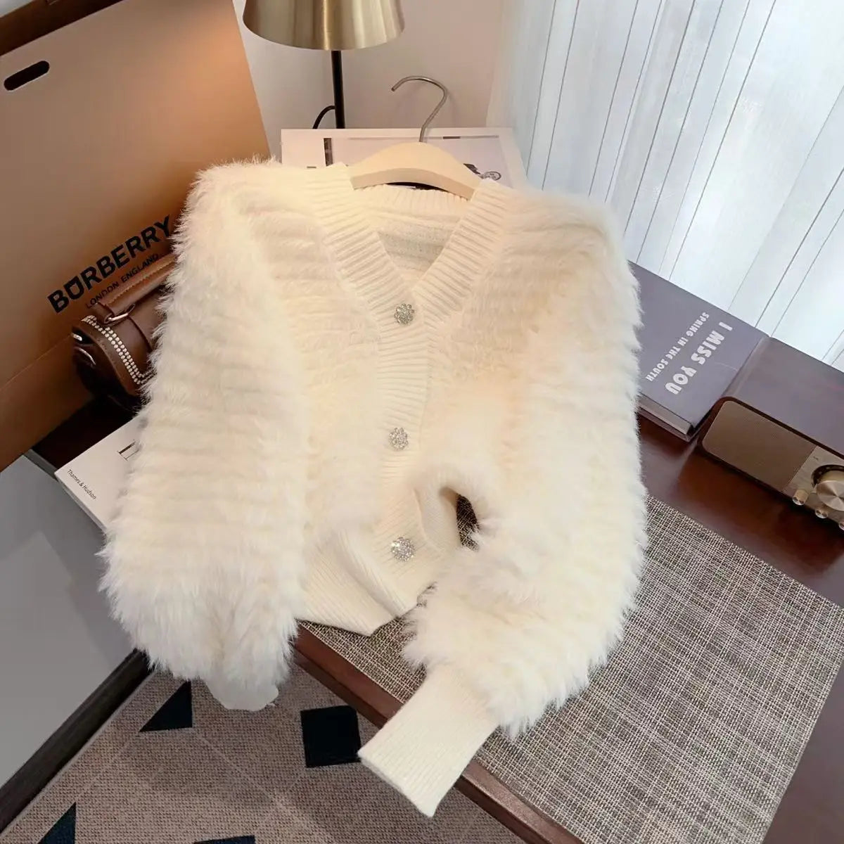 Fake Mink Cashmere Sweater Coat Women Autumn/winter Pink Knitted Cardigan Jacket V-neck Long Sleeve Thickene Loose Knitwear Tops