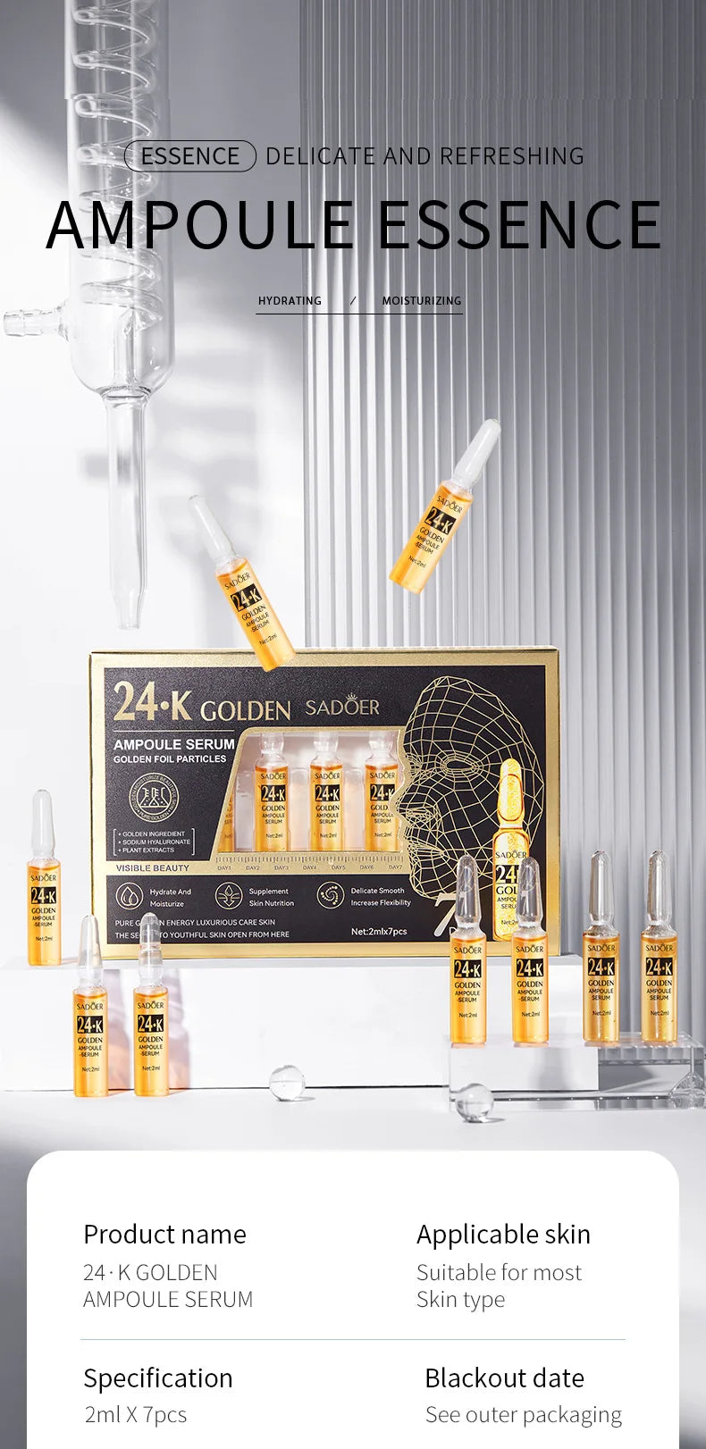 7pcs/Kit SADOER Ampoule Vitamin C 24K Gold Hyaluronic Acid Serum Anti Wrinkle Moisturizing Whitenting Hydrating Facial Essence