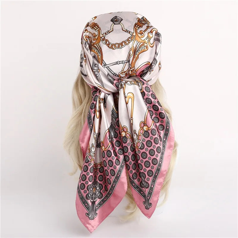 90*90CM Damen-Halstuch für den Kopf, Seidenkopftuch, Foulard aus Satin, Halstuch, Luxuriöser Seidenschal für die Handtasche, SJ02