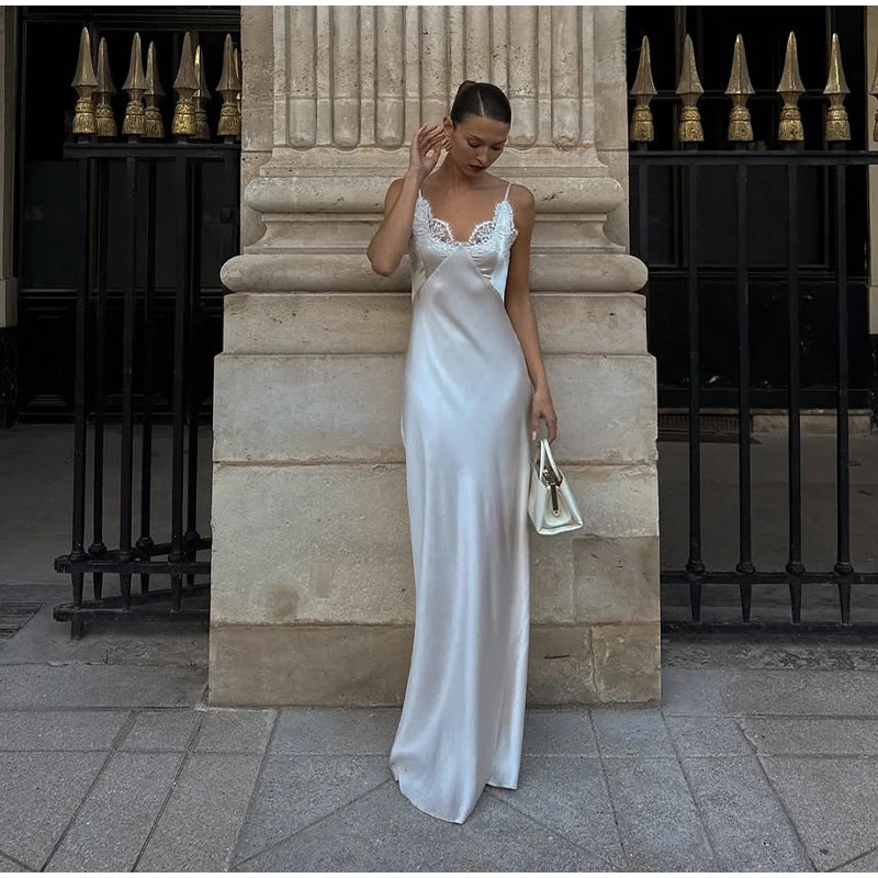 Chic Lace Patchwork Sling Maxi Dress Women Sexy V-neck Sleeveless Backless Satin Slim Long Gown Lady Evening Party Dresses 2026