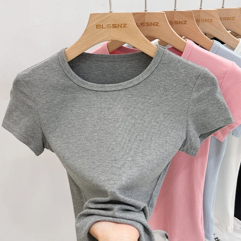AOSSVIAO 2026 Summer White Cotton O Neck T-shirt Student Short Sleeve Versatile Tops Solid Slim Fit T Shirts Y2k Tee