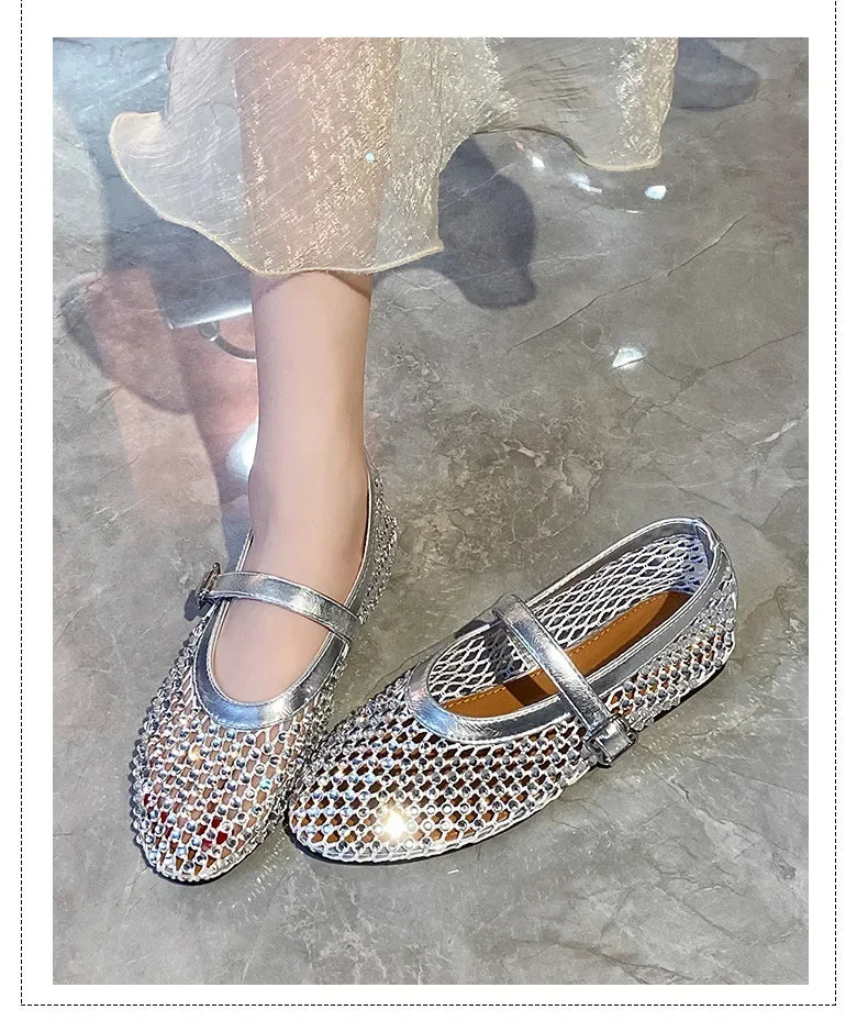 Luxury Crystal Rhinestone Fishnet Ballet Flats Woman Brand Design Rivet Mesh Mary Jane Shoes Ladies Summer Loafers Plus Size 42