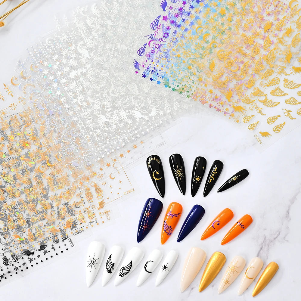 3D Gold Sun/Moon/Star Bronzing Nail Art Sticker 8*10cm Laser Star Moon Design Nail Decal Gold Silver Self-Adhesive Slider &*&