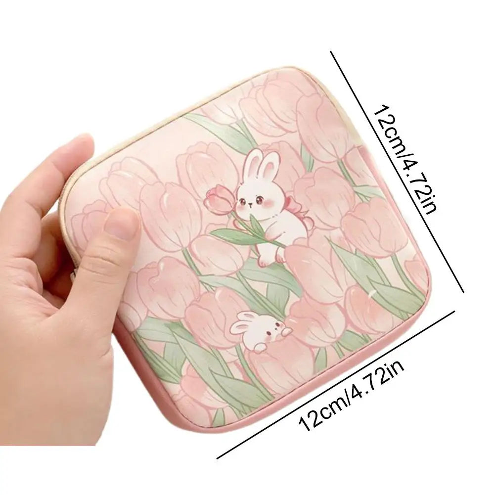 Cute Rabbit Floral Storage Bag, Mini Sanitary Napkin Organizer,Portable Cosmetic Pouch for Women,Data Cables Coin Purse Bag
