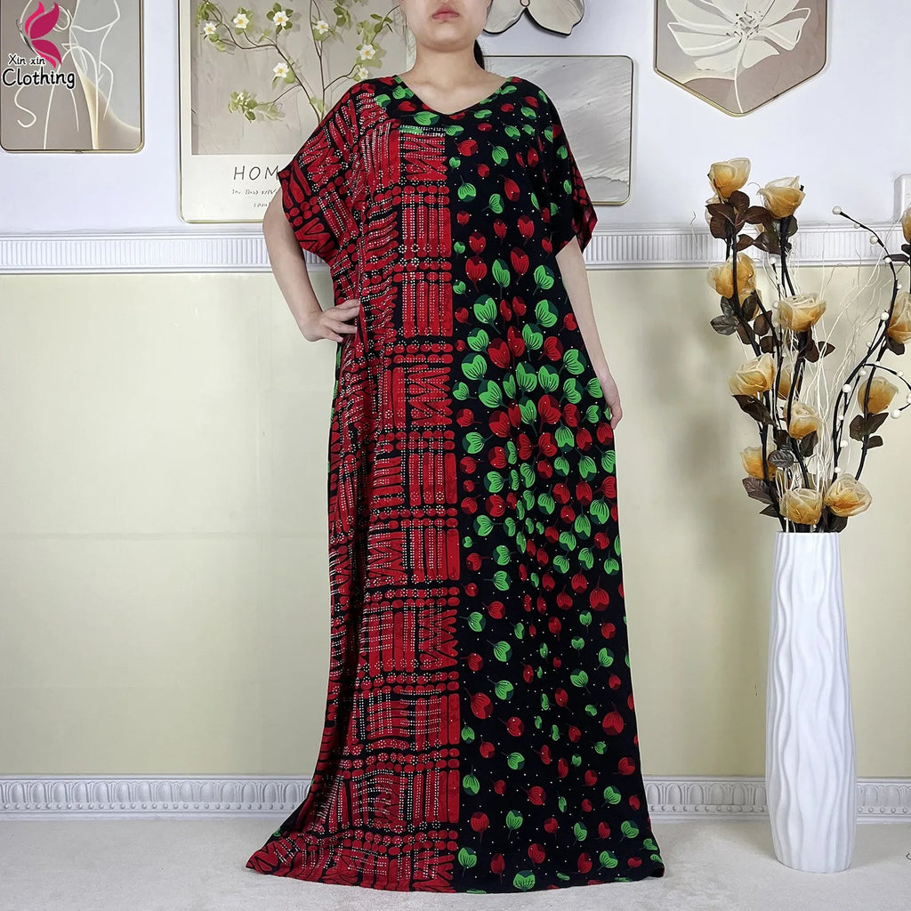 2025 New Summer Abaya Short Sleeve Dress With Big Scarf Printing Floral Loose Dress Islam Kaftan Women African Abaya Clothing