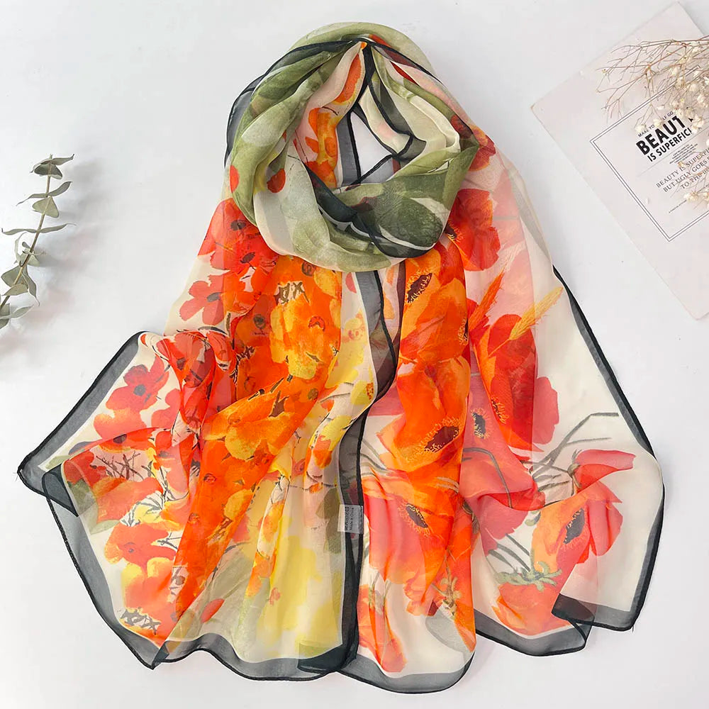 Bright Colors Printed Scarf Pretty Women Elegant Chiffon Georgette Bandana Scarf Summer Beach Sunscreen Thin Shawl