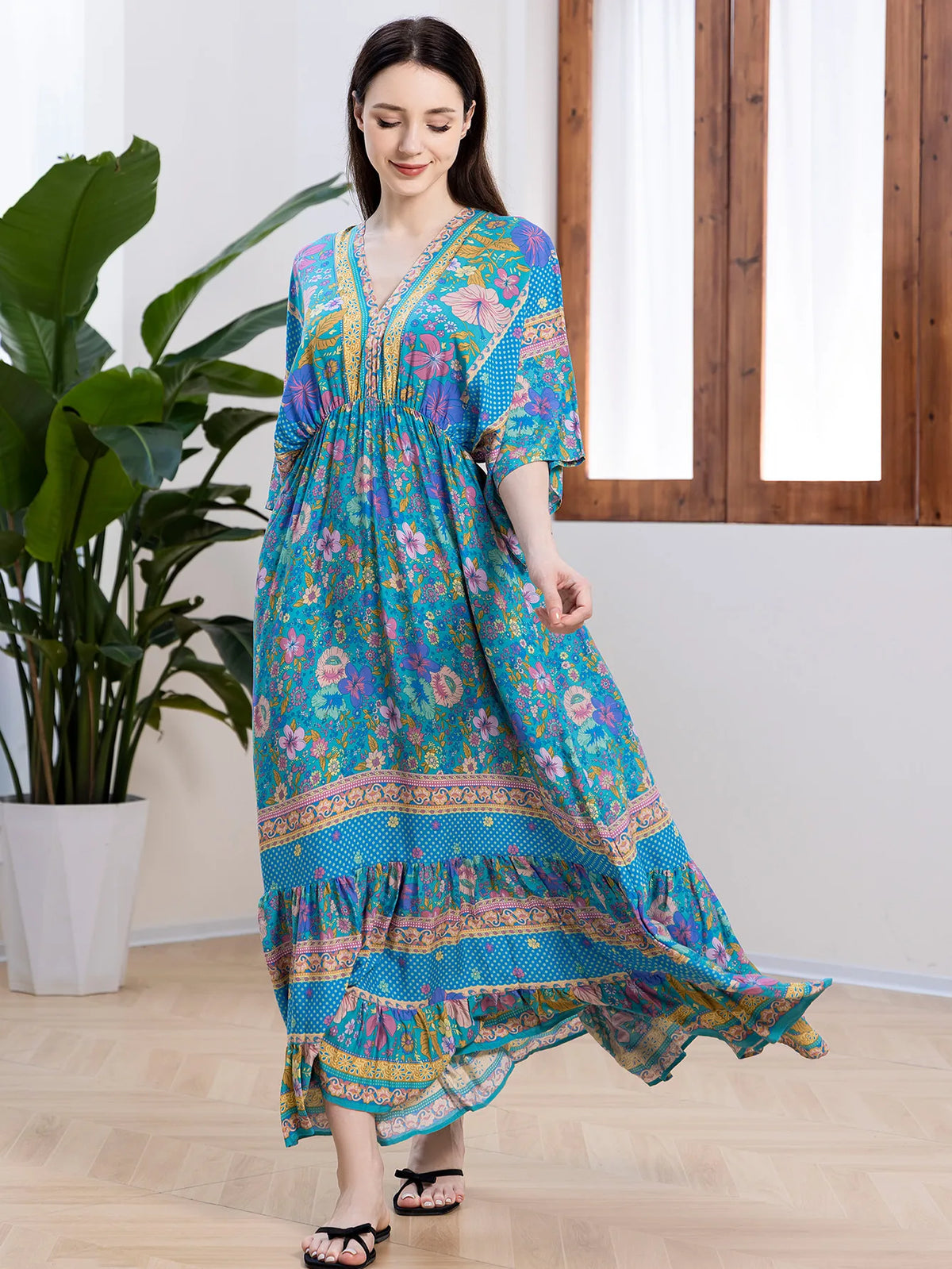 Bohemian Oversize Loose Elastic Waist Maxi Dresses Women Robe Cotton Rayon Floral Printed Long Dress Summer Boho Beach Cover up