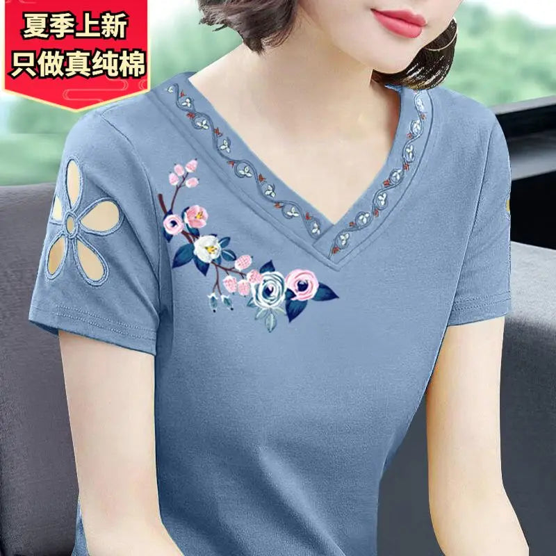 Simplicity Office Lady Summer New Pure Cotton Women's Solid V-Neck Embroidered Fashion Casual Loose Short Sleeve T-Shirts Tops