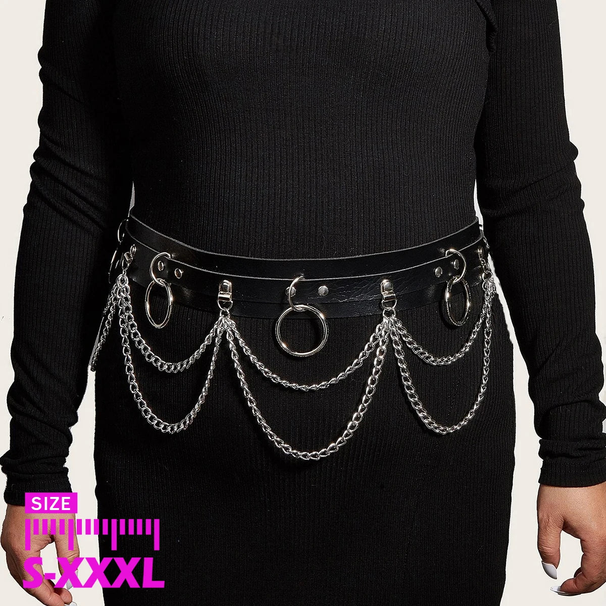 Women Punk Gothic PU Leather Waist‑Thigh Harness Garter Belt, Adjustable Chain Decor Accessory for Rave Festival Halloween Outfi